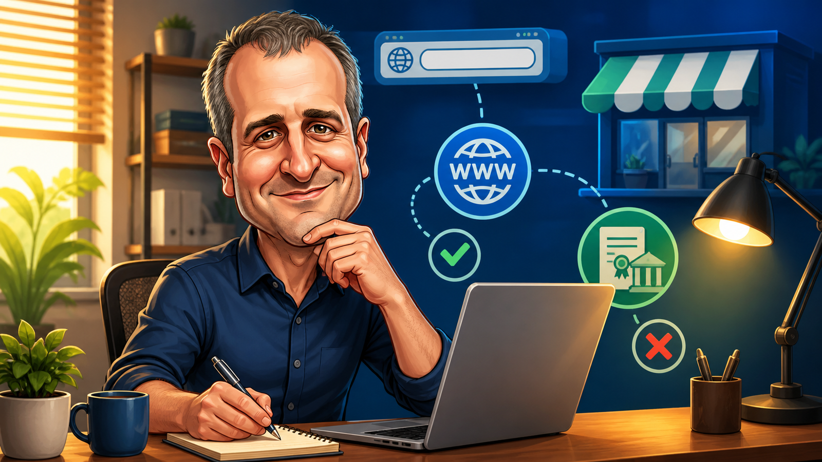 Caricatura de Marcio avaliando registro de domínio para MEI